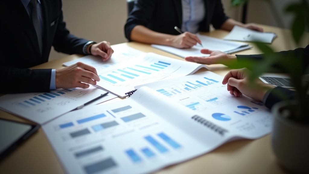 Tavolo riunioni con grafici, grafici di mercato e analisi commerciali in vista