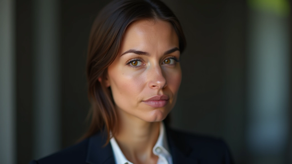 Primo piano del volto di una donna d'affari con espressione seria, occhi attenti durante una conversazione