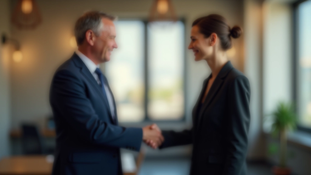 Uomo e donna si stringono la mano in conclusione di una trattativa, entrambi sorridenti con linguaggio del corpo positivo