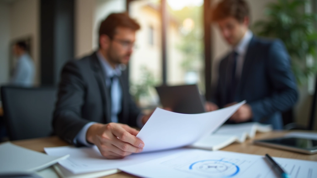 Riunione di due professionisti che revisionano documenti insieme a tavola, carta e penna, ufficio luminoso, vista da sopra