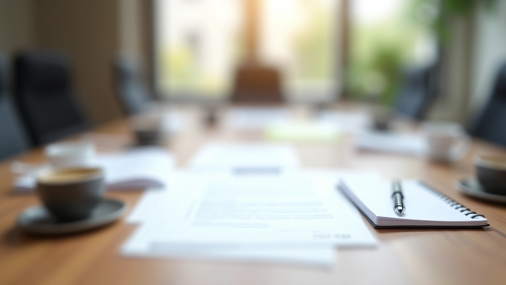 Riunione di affari intorno a un tavolo con documenti, notebook e caffè in uno spazio di lavoro professionale